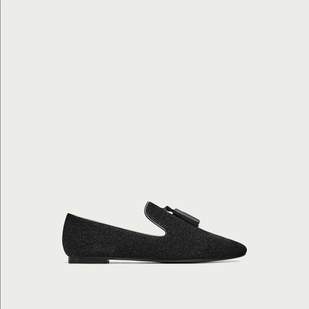 NWOT Zara Black Shimmery Flat Loafers with Tassels - Picture 5 of 5